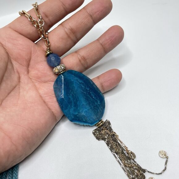 Sequin Blue Agate Stone Tassel Corded Necklace Gold Tone Boho Statement Chunky - Picture 6 of 8
